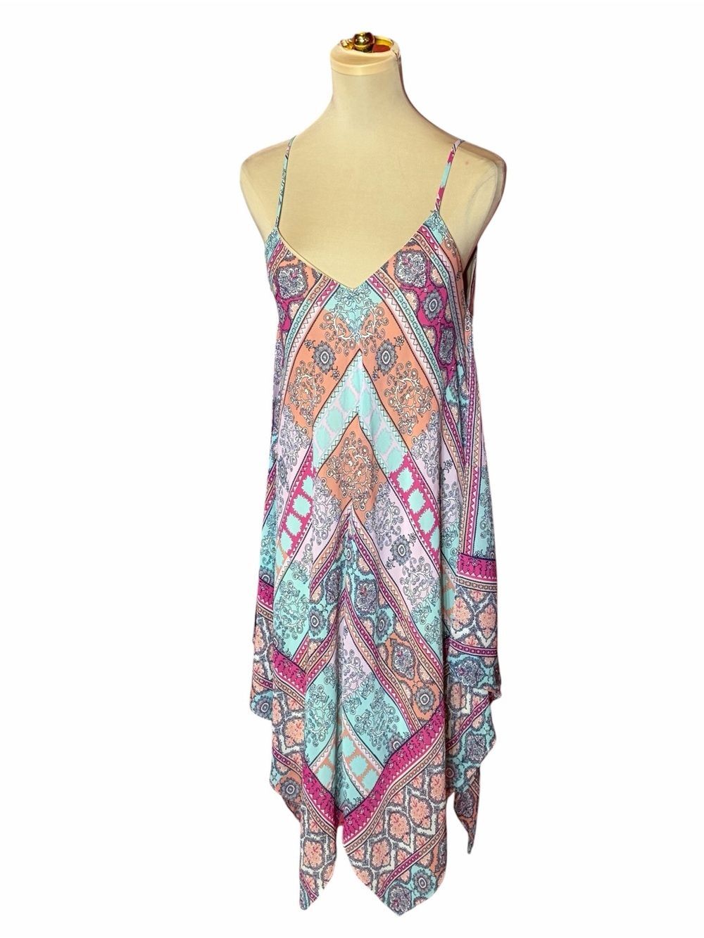 Speechless Boho Handkerchief Hem Midi Dress Multicolor Spaghetti Strap Size M